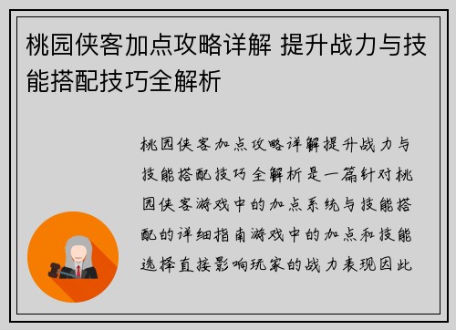 桃园侠客加点攻略详解 提升战力与技能搭配技巧全解析